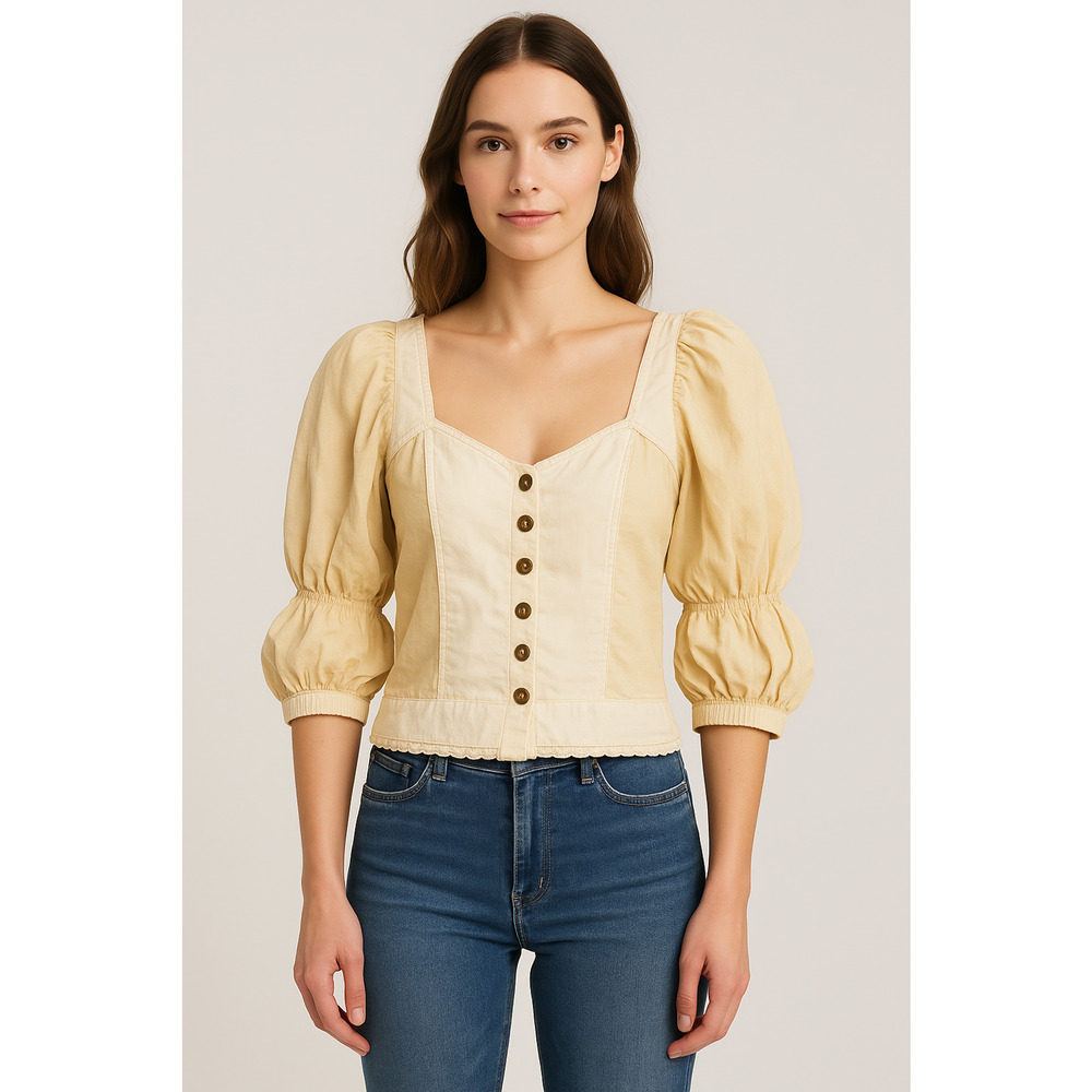 Anthropologie Let Me Be Cream Puff Sleeve Sweetheart Crop Top Buttons Sz M